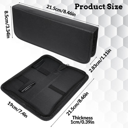 Zelphvt hair shear case opened flat displaying internal pockets and straps holding hairdressing tools.