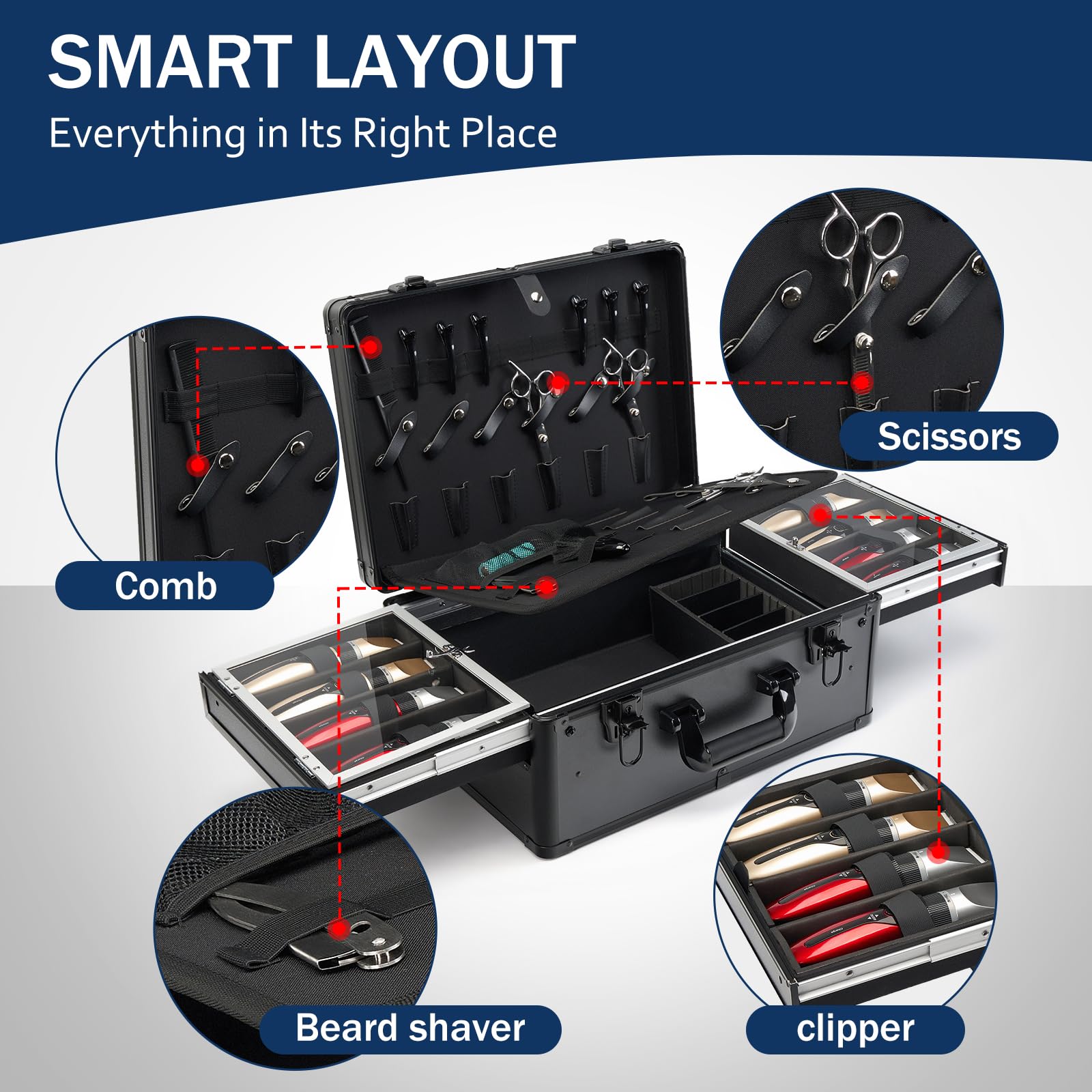 Open view of the MoyRetty professional barber suitcase displaying six clipper slots and eight shear holders with premium interior padding
