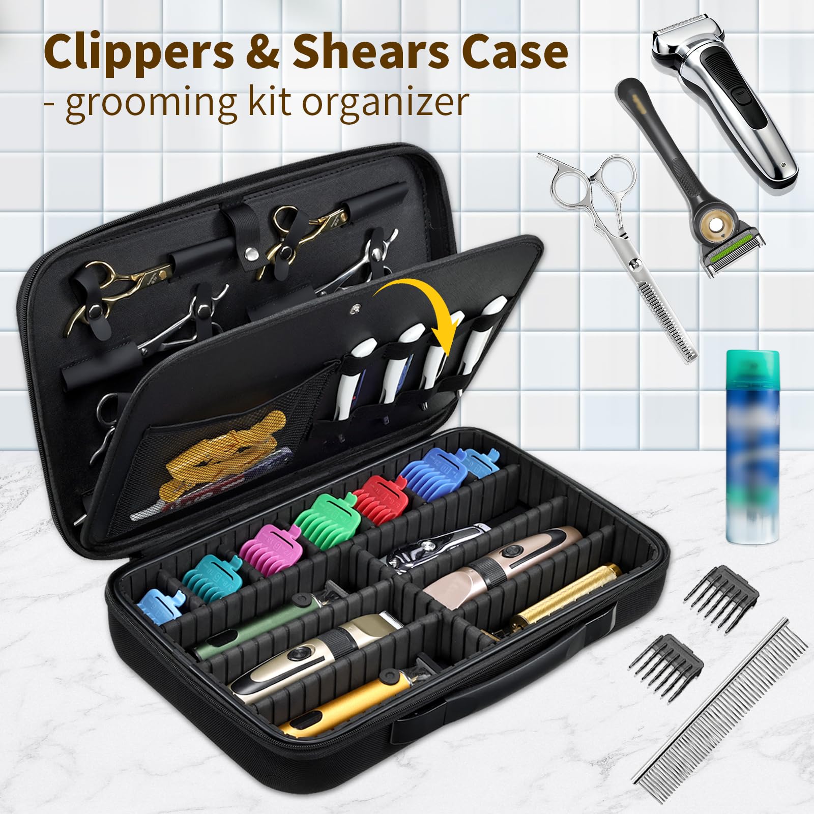 Yueieoun professional barber travel bag open view showcasing the adjustable dividers holding multiple hair trimmers.