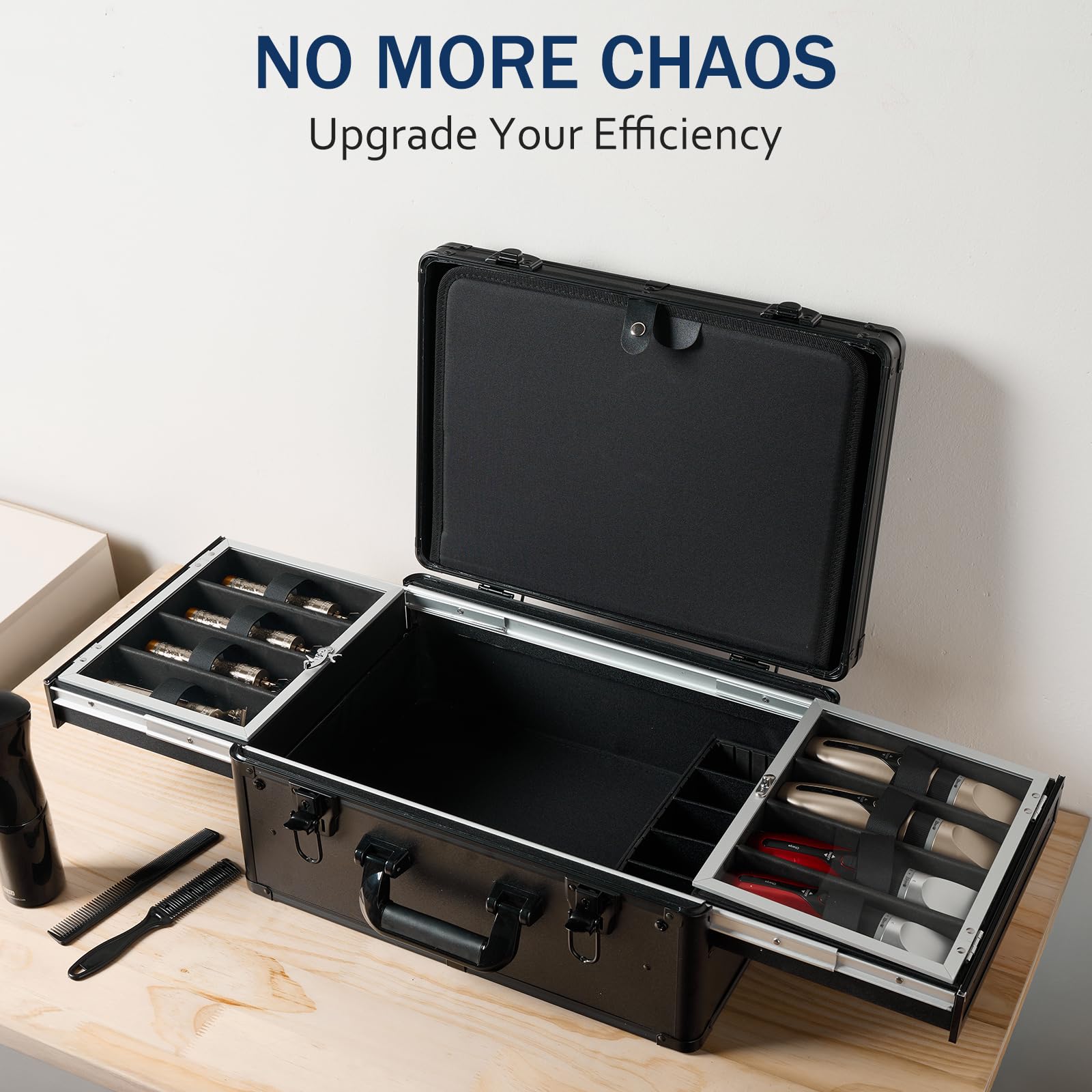 Secure storage presentation showcasing clippers and scissors properly arranged inside the authentic imported MoyRetty organizer
