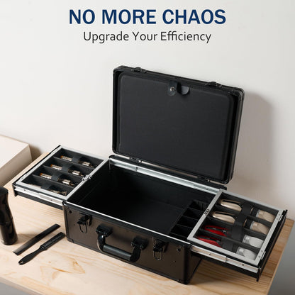 Secure storage presentation showcasing clippers and scissors properly arranged inside the authentic imported MoyRetty organizer