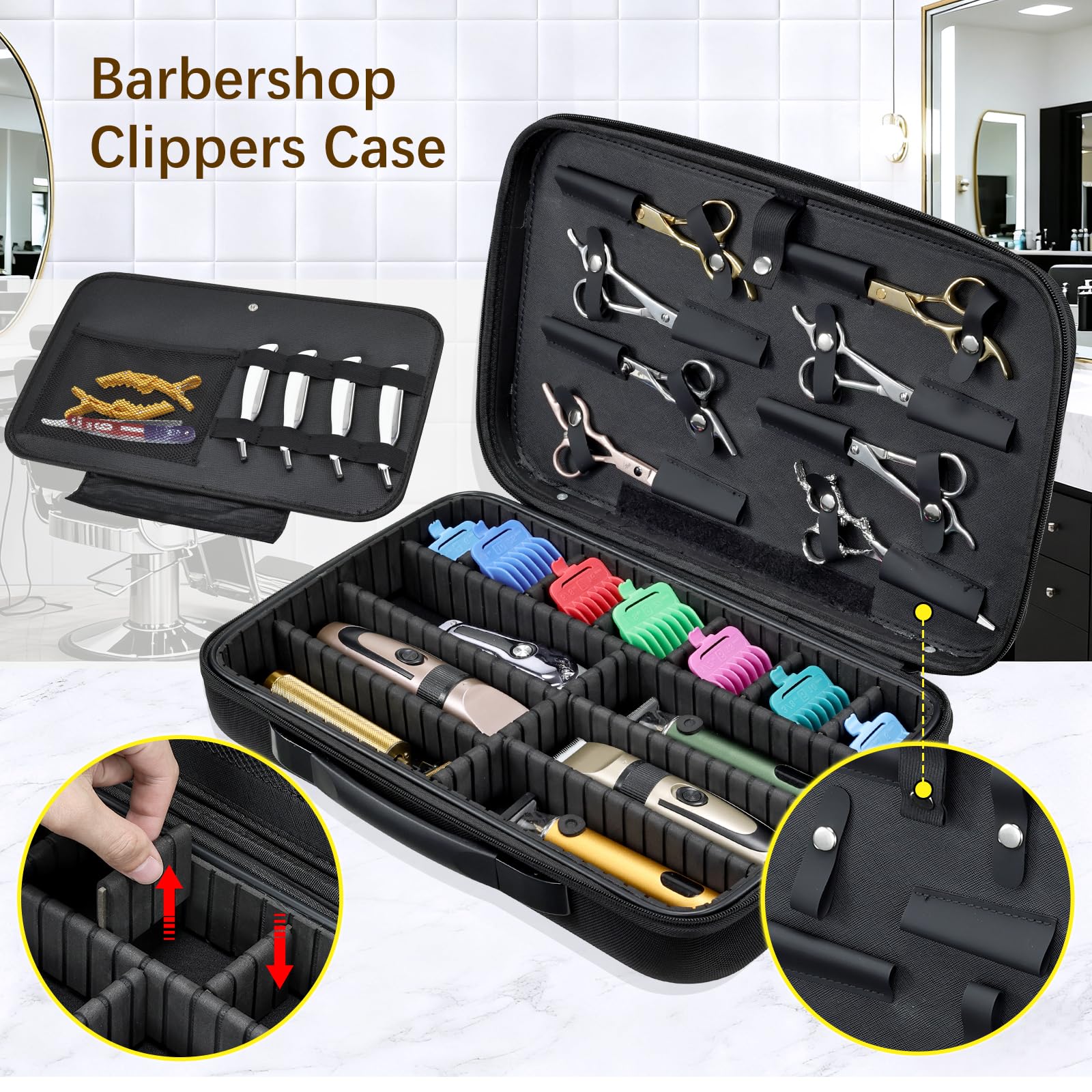 Yueieoun grooming tools organizer middle panel featuring elastic bands for razors and mesh accessory pockets.