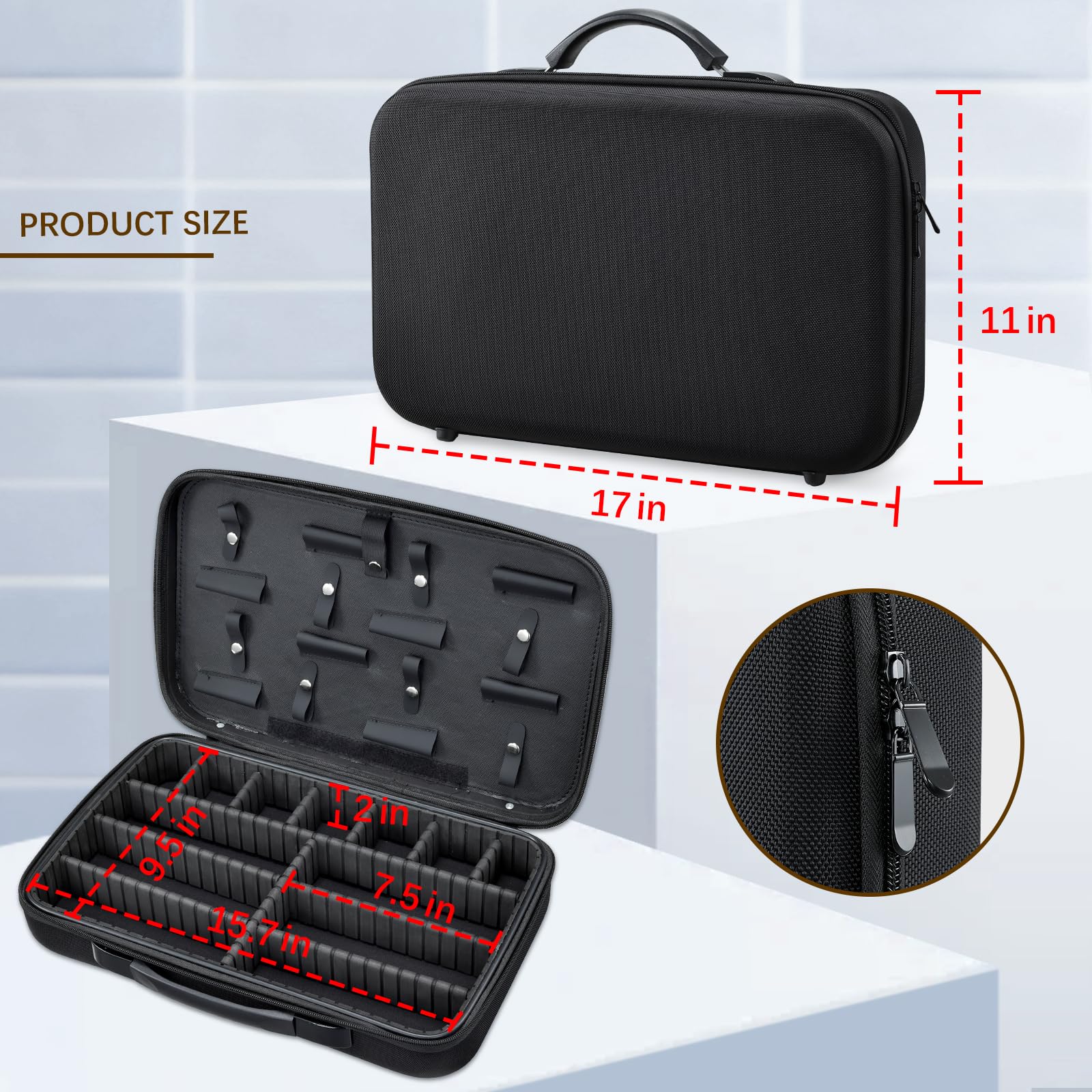 Yueieoun extra large clipper storage case top lid detailing the eight dedicated slots for hairdressing shears.