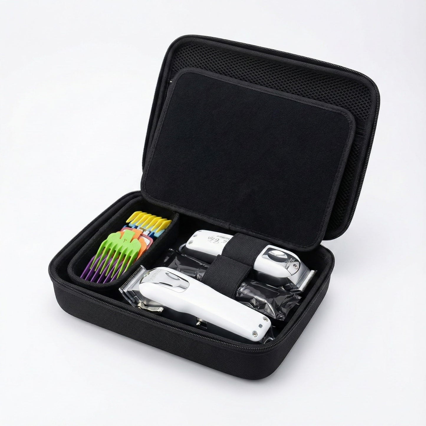 MeloSync professional hair clipper travel bag open with compartments for trimmers