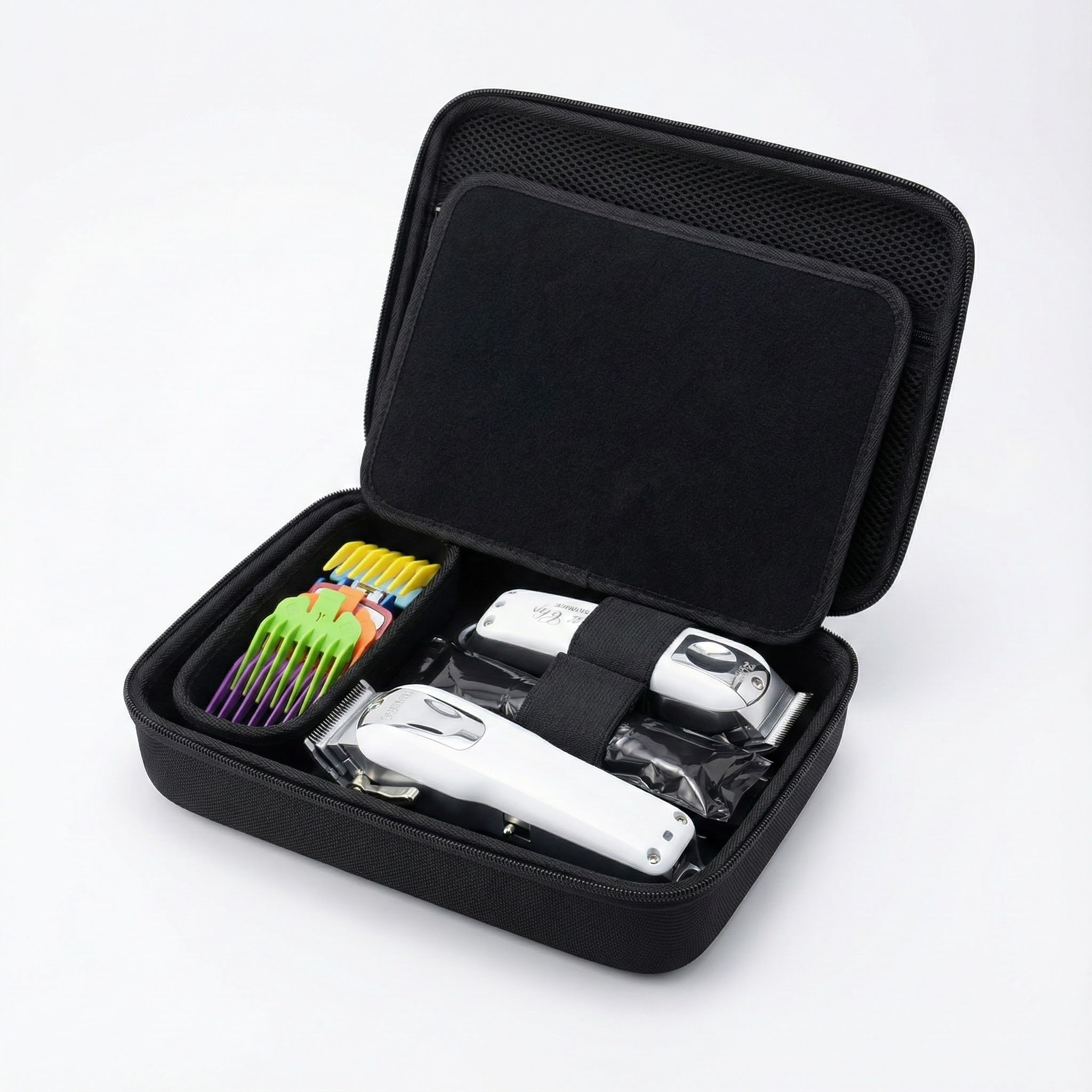 MeloSync professional hair clipper travel bag open with compartments for trimmers