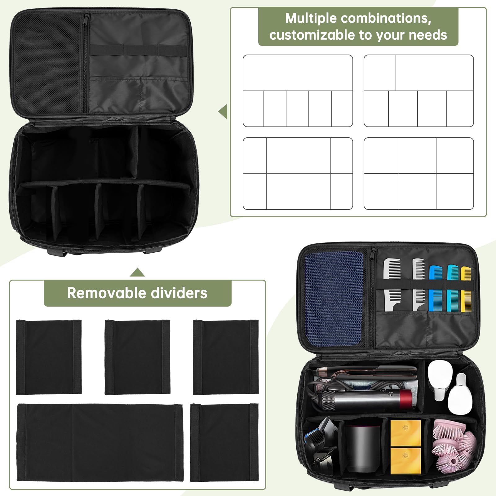 TORIBIO barber carrying bag interior showing adjustable dividers with clippers and tools.
