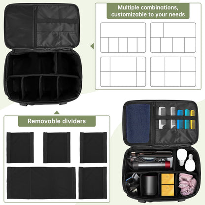 TORIBIO barber carrying bag interior showing adjustable dividers with clippers and tools.