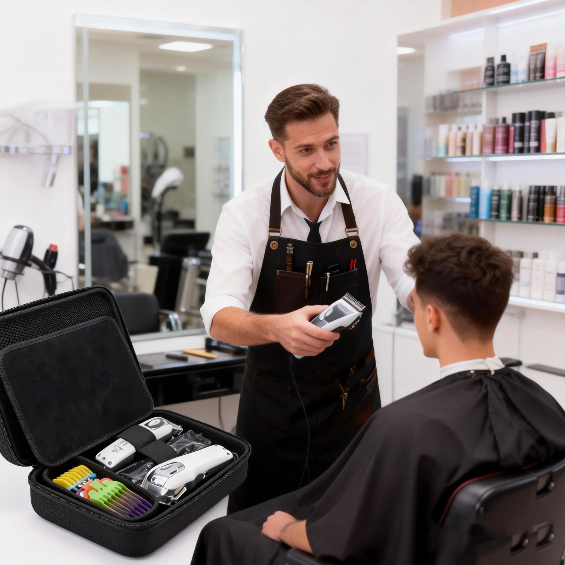 MeloSync water resistant trimmer storage container resting on a barber workstation table
