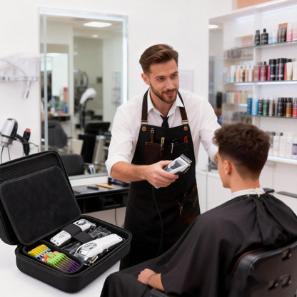 MeloSync water resistant trimmer storage container resting on a barber workstation table