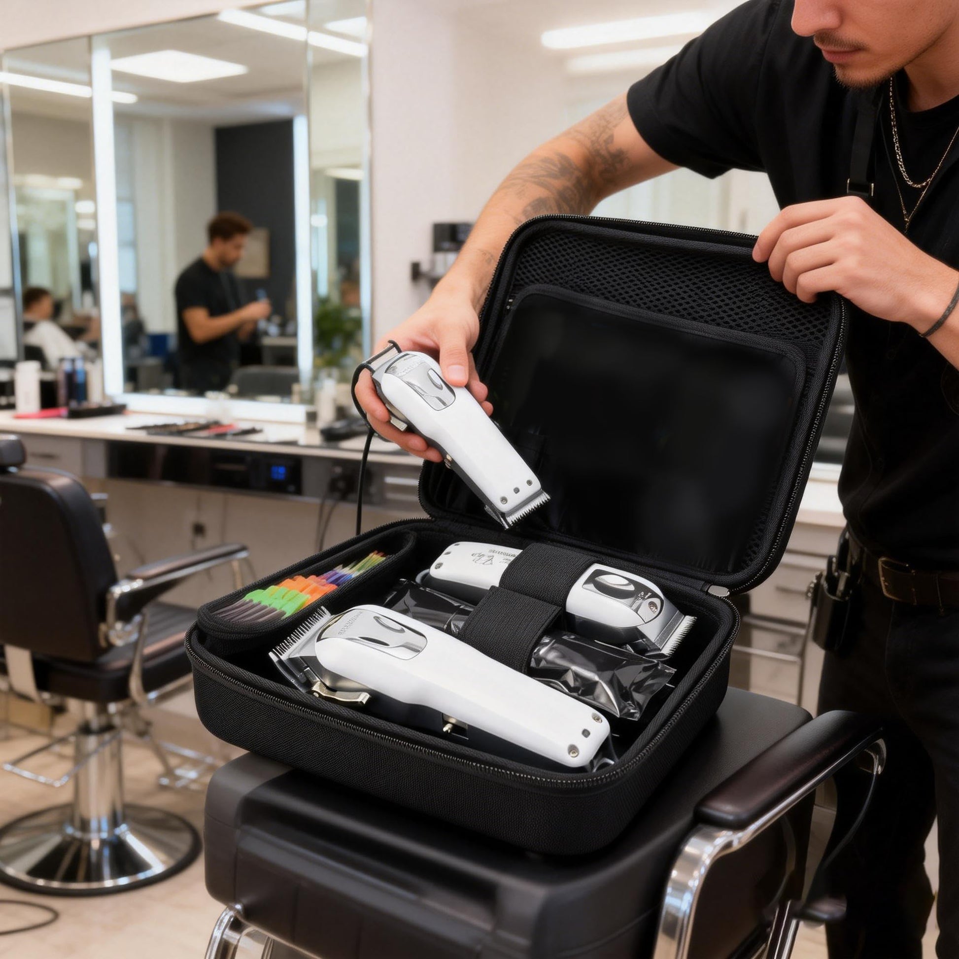 MeloSync shockproof barber tool bag interior elastic straps holding grooming accessories secure