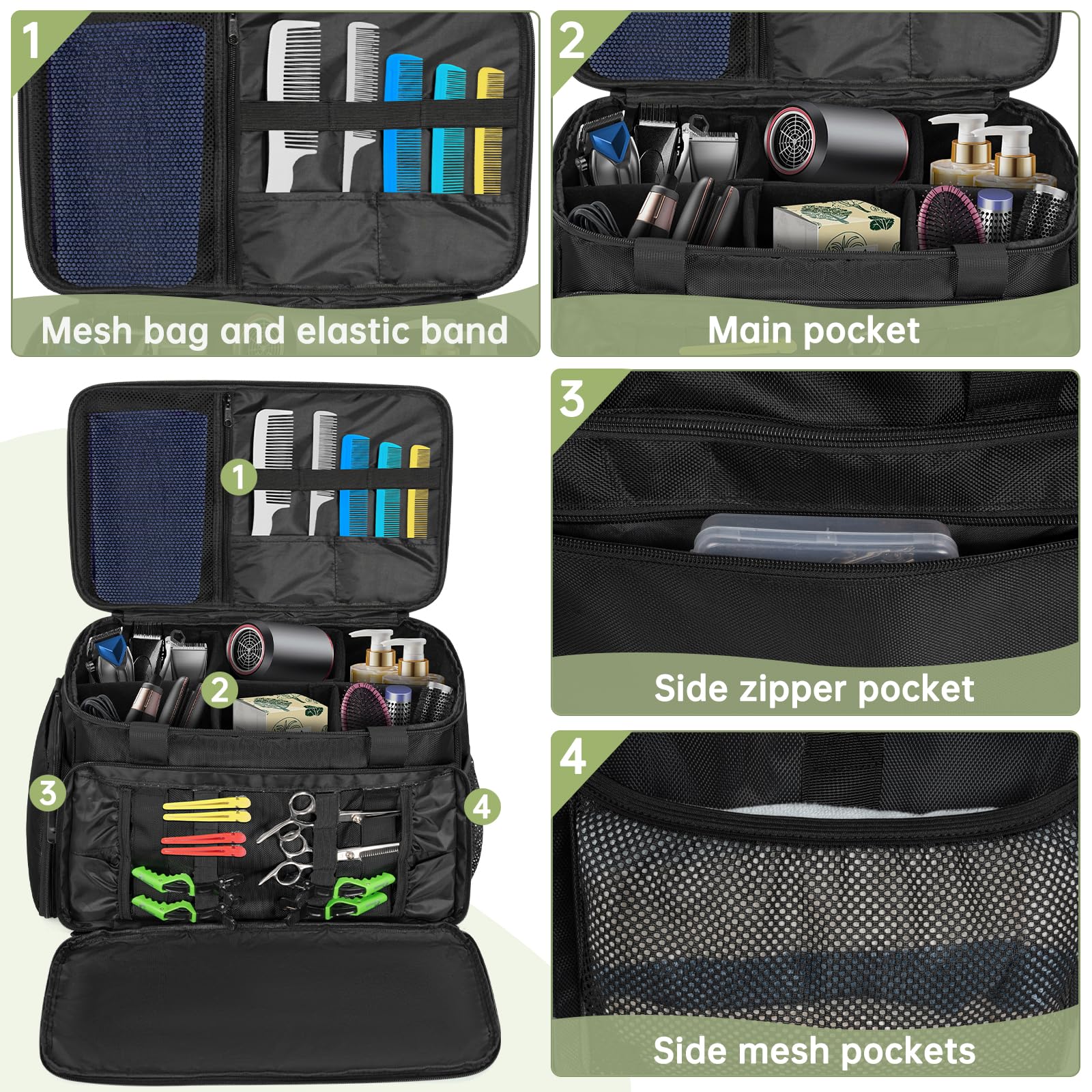 TORIBIO professional barber storage bag open layout filled with hair dryers and scissors.