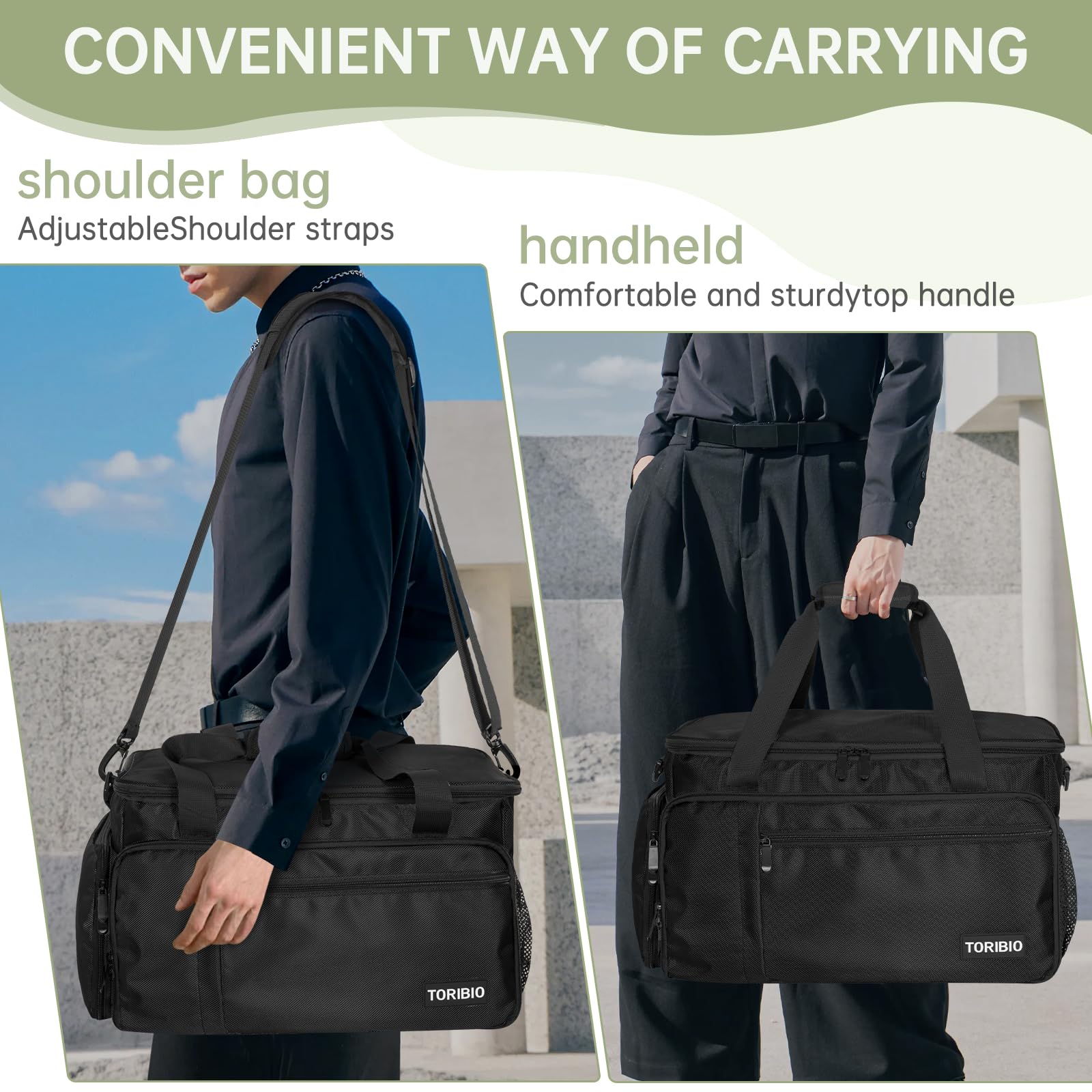 TORIBIO mobile barber gear case being carried by the reinforced heavy duty top handle.