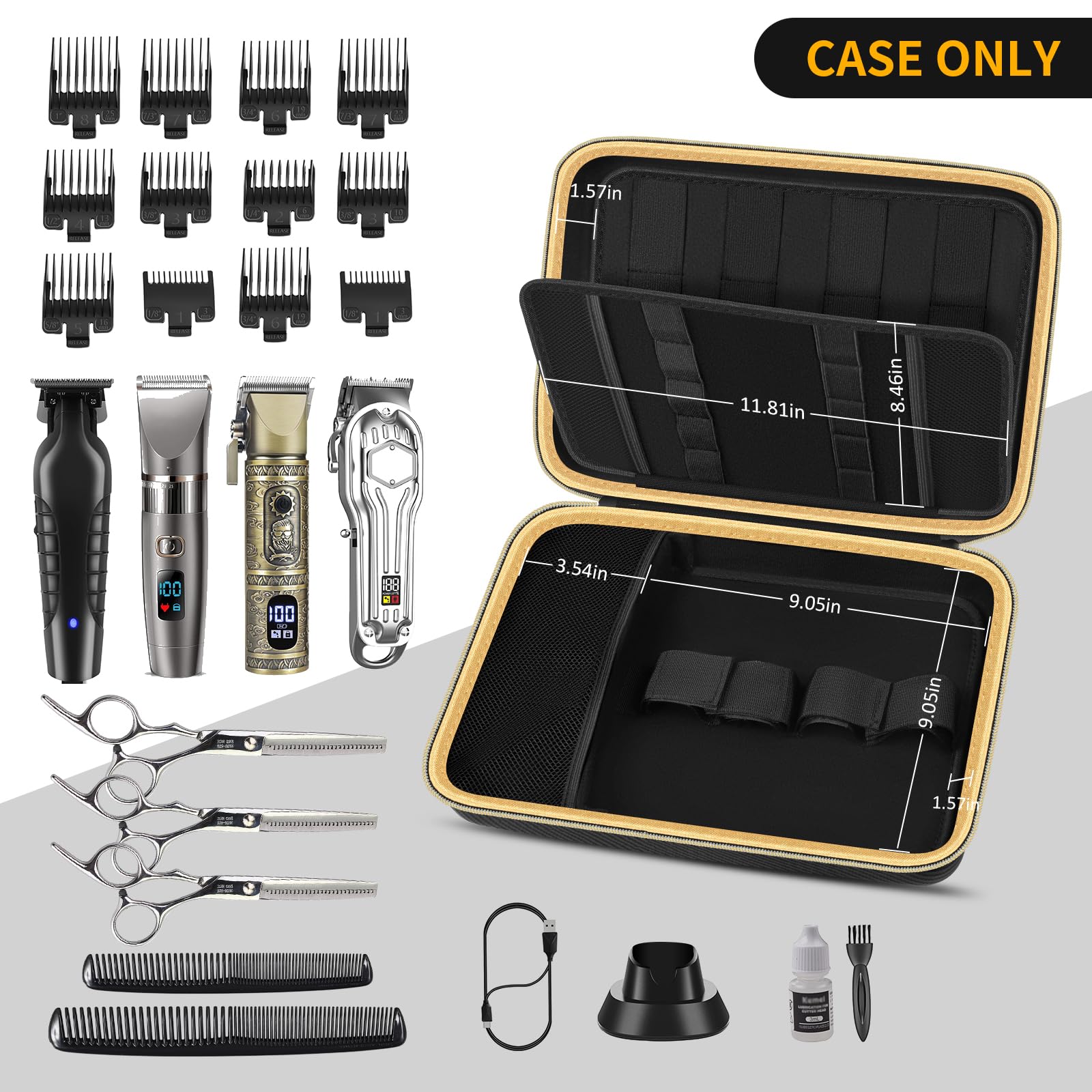 Open barber supplies organizer bag revealing slots for four clippers and security straps