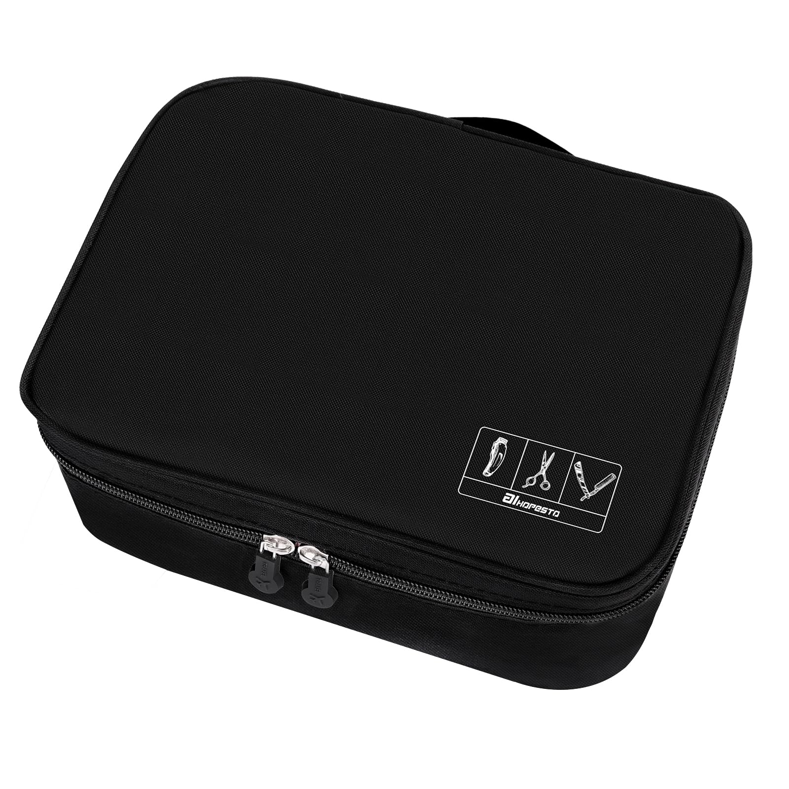 AIHOPESTO professional salon organizer bag showcasing mesh pockets filled with clipper guards and combs.