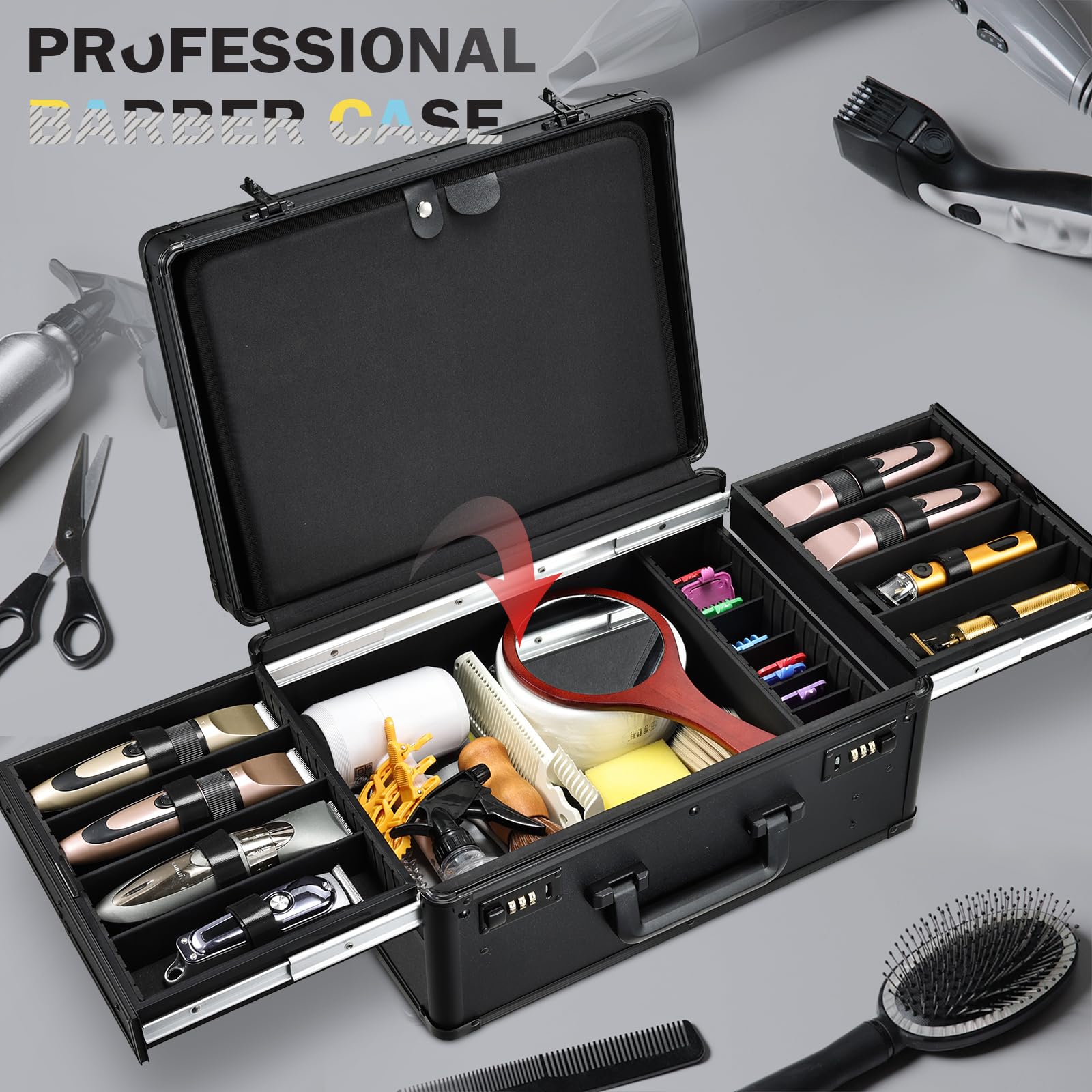 Yueieoun barber tool briefcase open view displaying the extended sliding tray with six individual clipper slots.