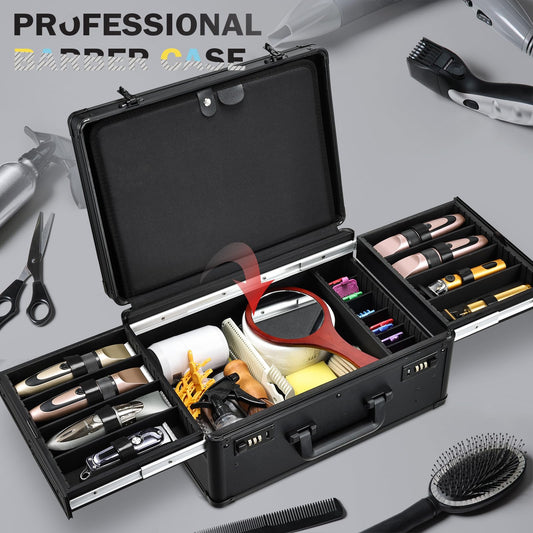 Yueieoun barber tool briefcase open view displaying the extended sliding tray with six individual clipper slots.