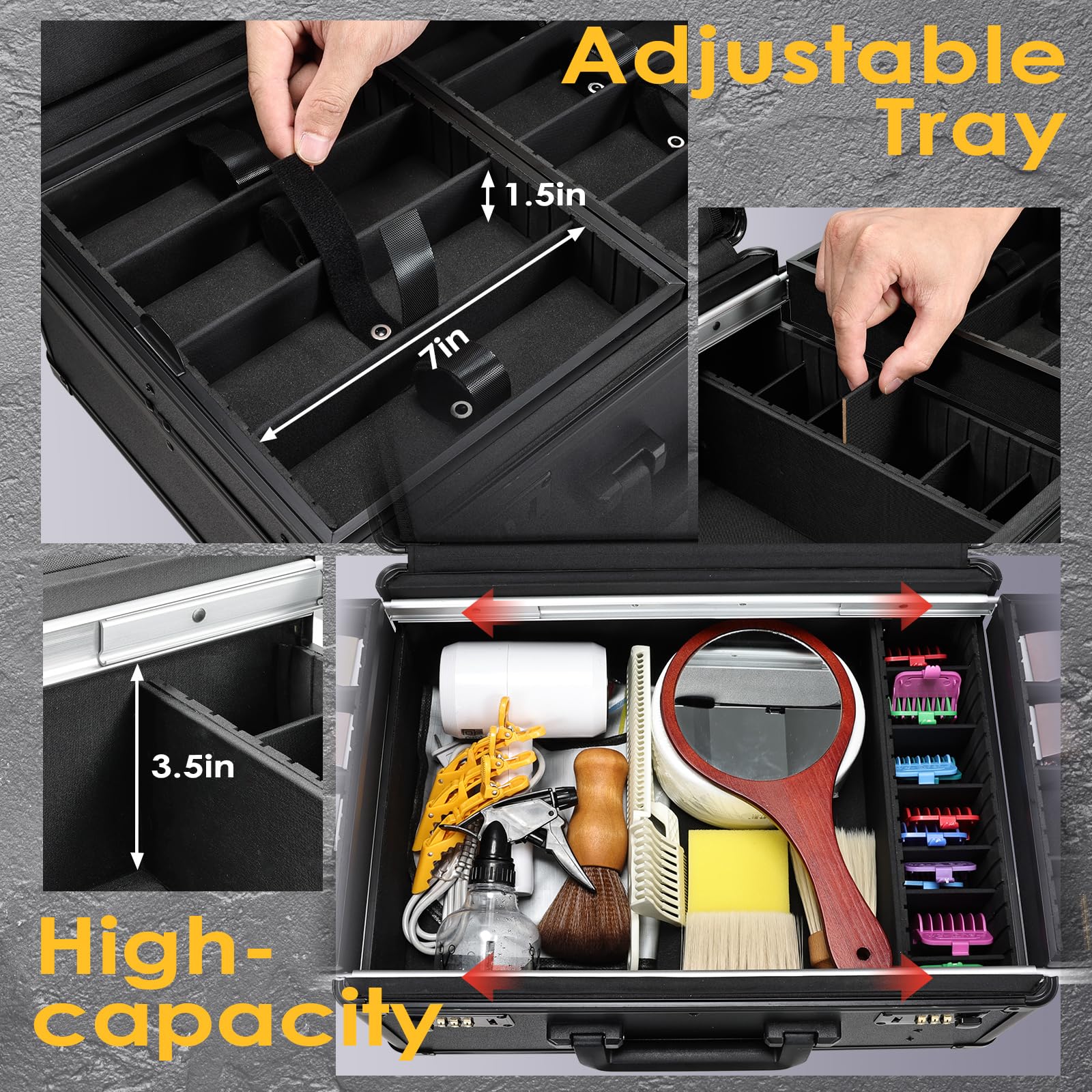 Yueieoun hairdresser travel suitcase interior close up highlighting the elastic pocket panel and scissors holder setup.