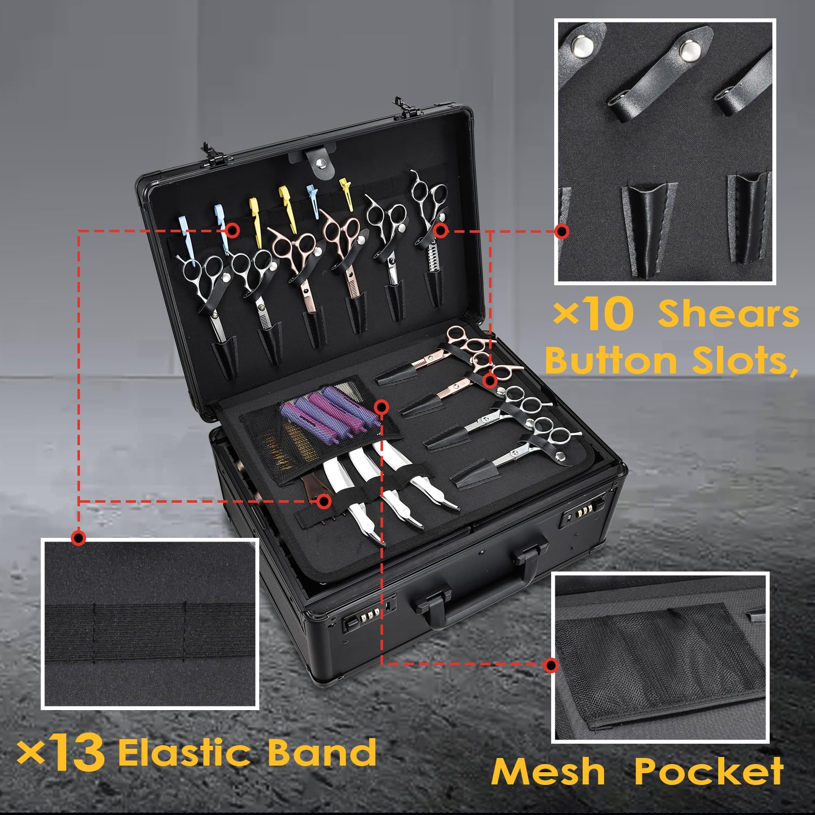 Yueieoun salon grooming organizer highlighting the deep bottom base compartment holding a professional blow dryer.