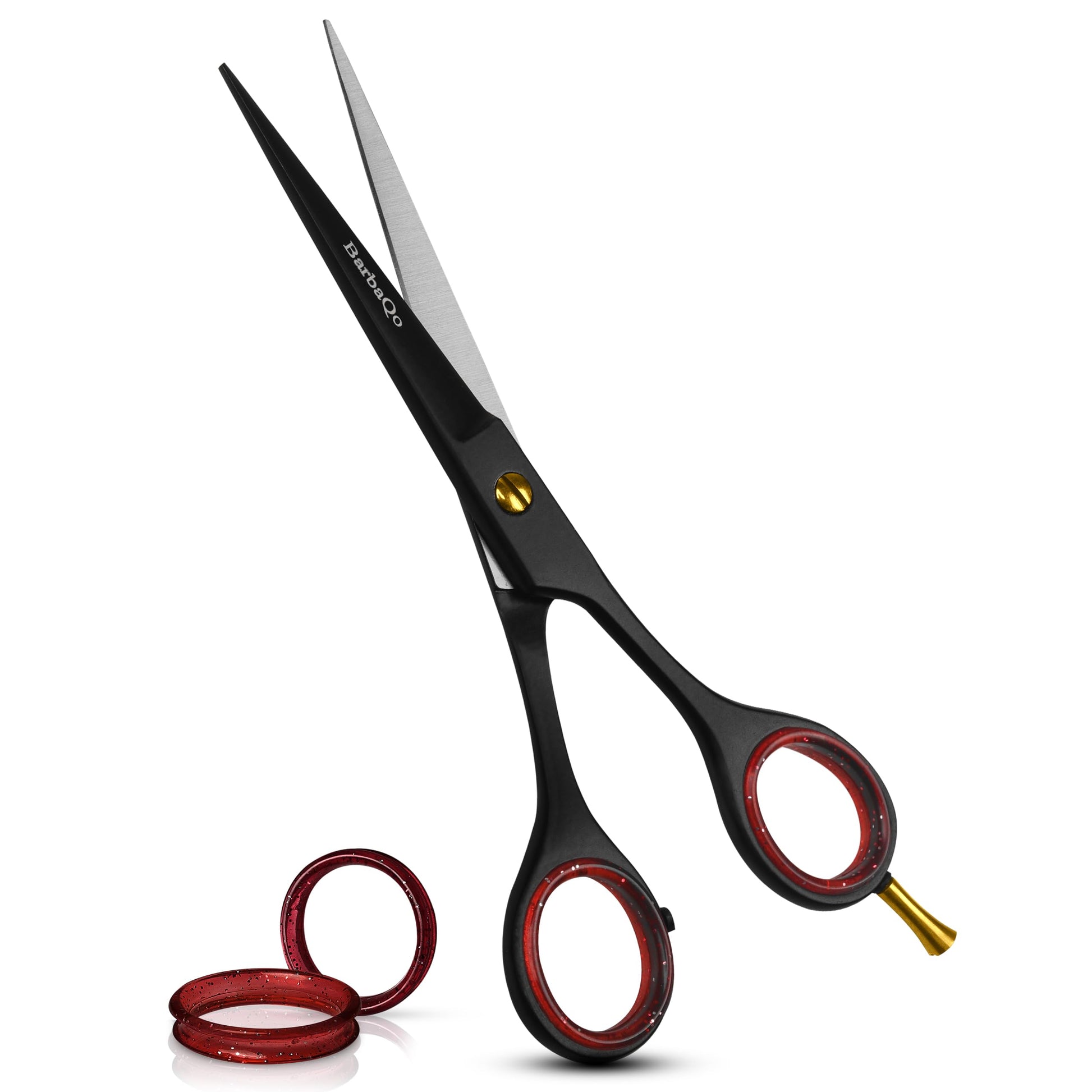 BarbaQo 6.5 inch barber shears displayed open to highlight the high carbon steel convex razor edge.