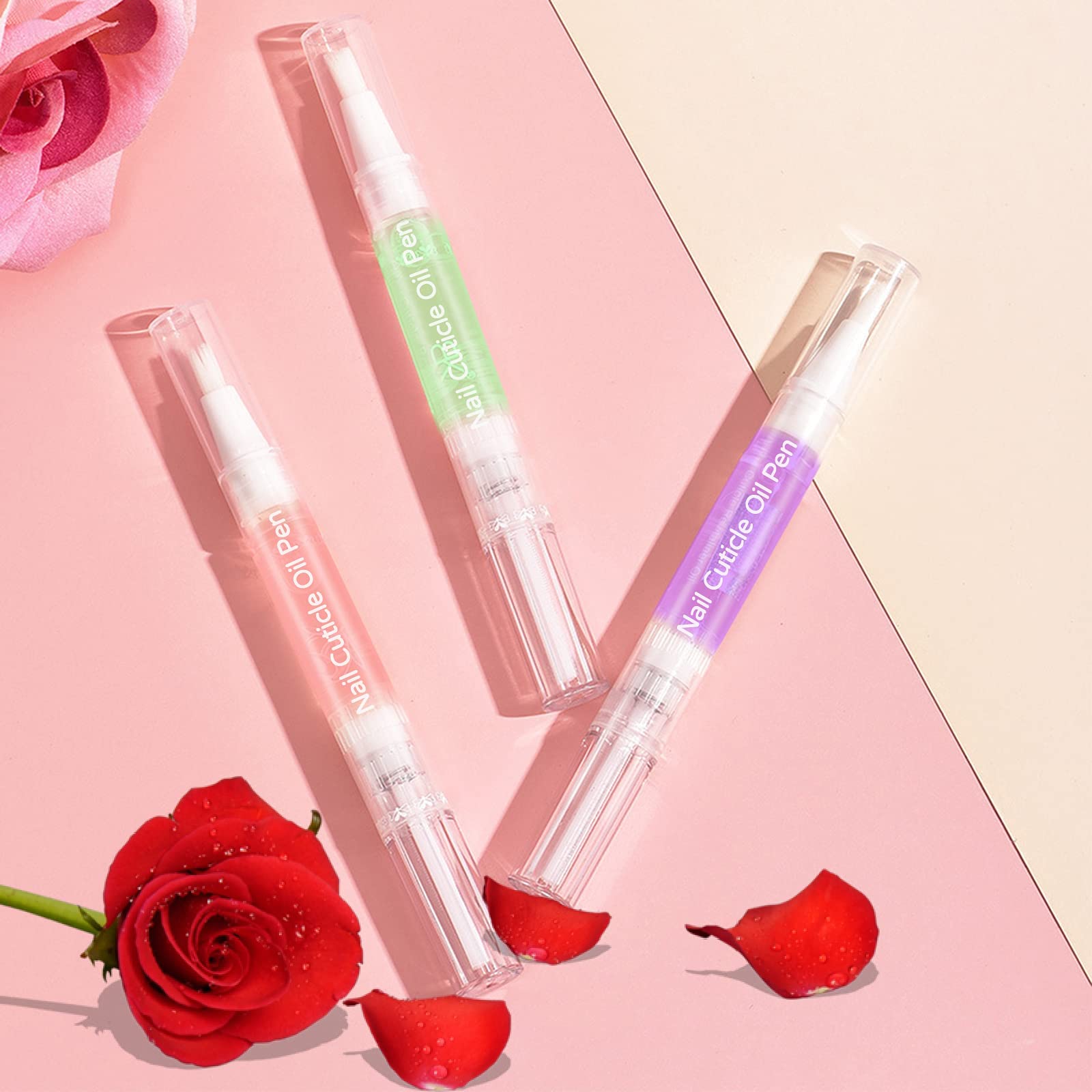 Close up of cuticle oil pen applied to fingernail cuticles