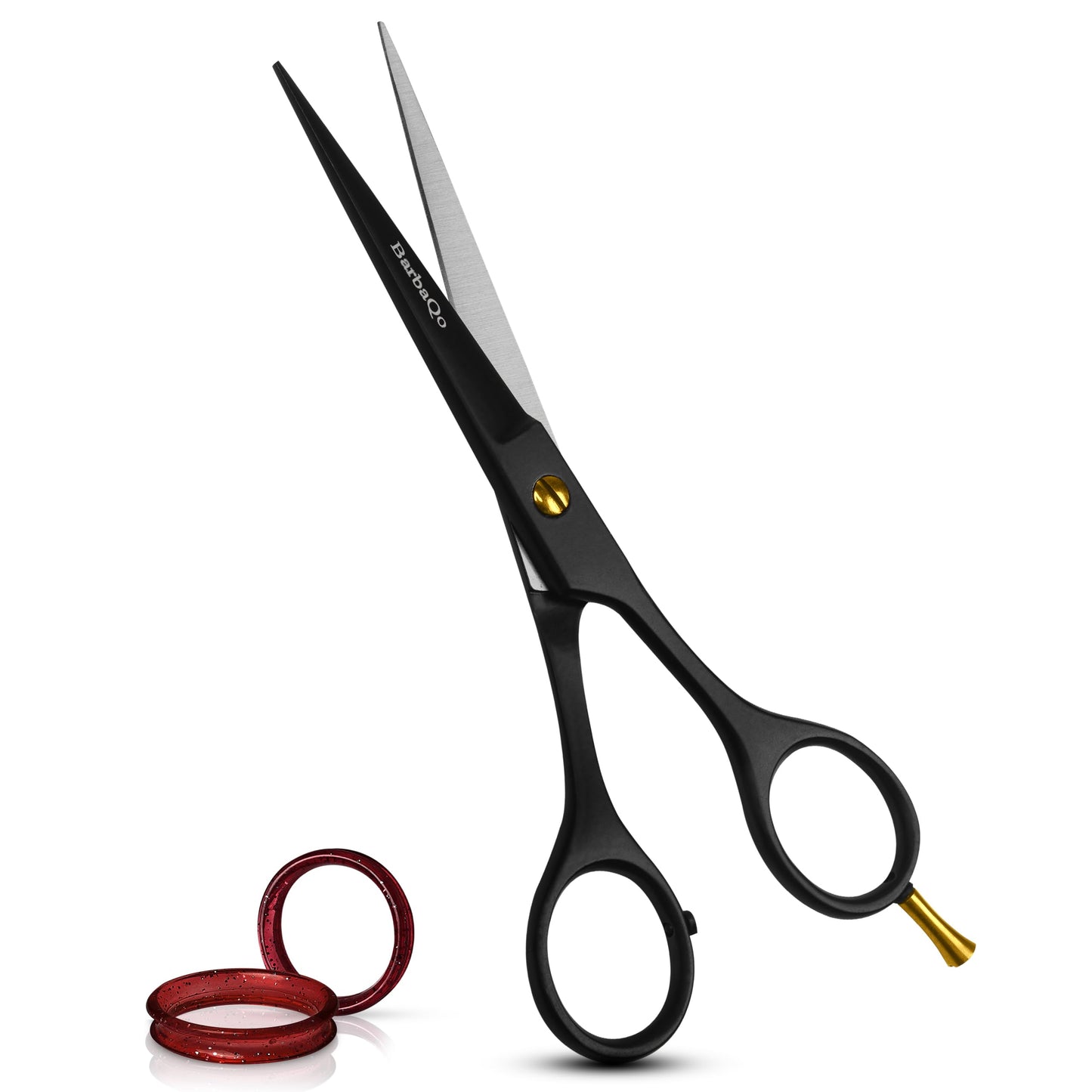 Close up view of the adjustable tension screw on the BarbaQo hair cutting scissors.
