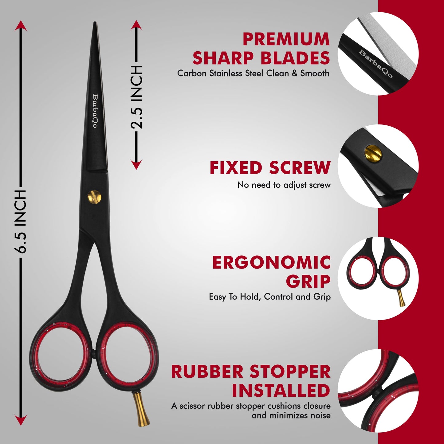 Ergonomic handle detail of the BarbaQo grooming shears showing the removable red finger inserts.