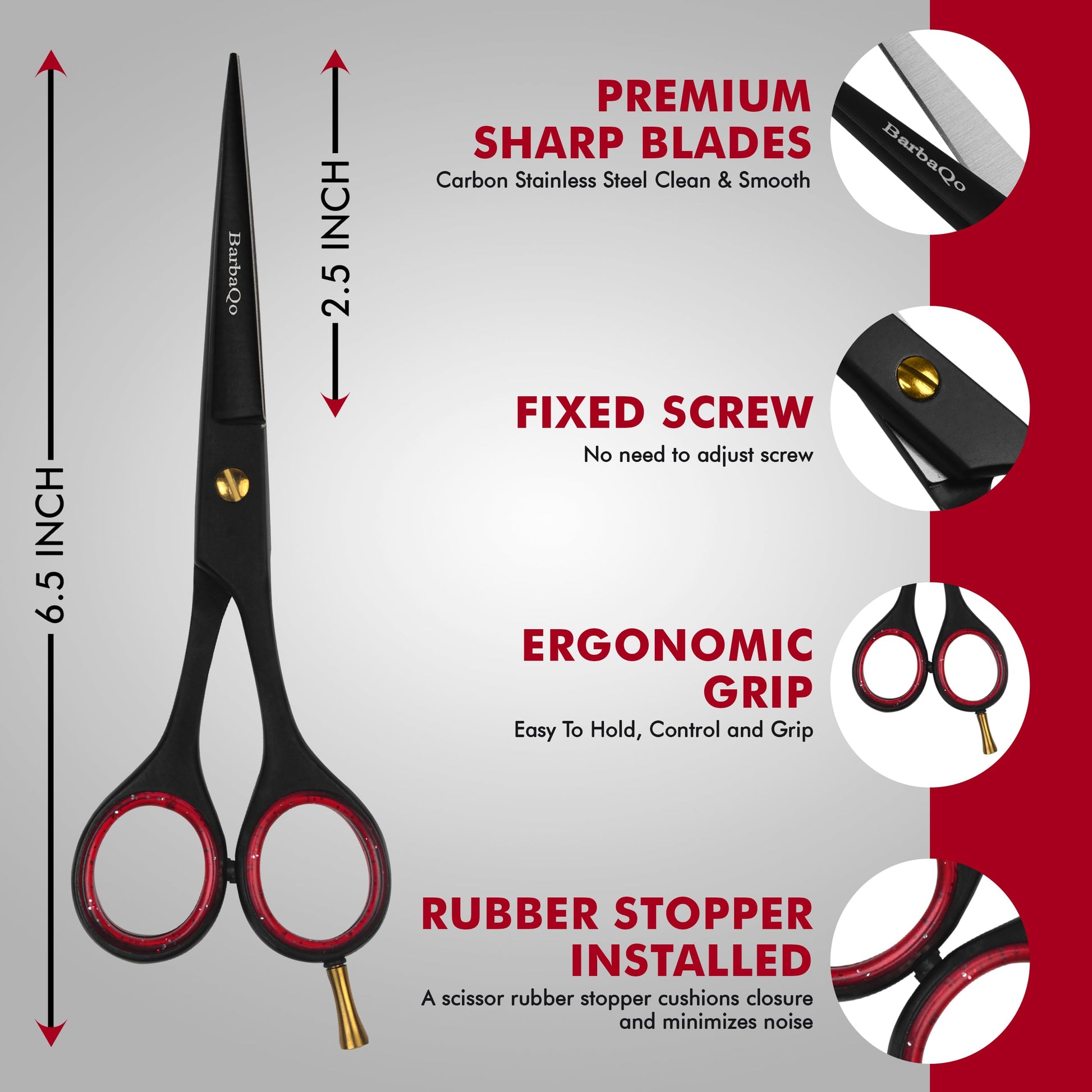 Ergonomic handle detail of the BarbaQo grooming shears showing the removable red finger inserts.