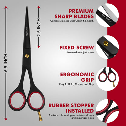 Ergonomic handle detail of the BarbaQo grooming shears showing the removable red finger inserts.