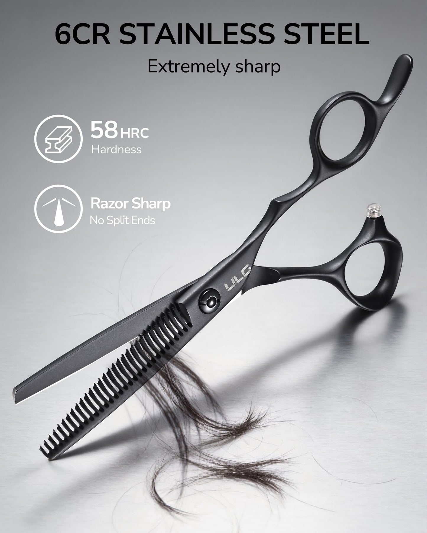ULG professional hair thinning scissors close up on the matte black teflon coated blades