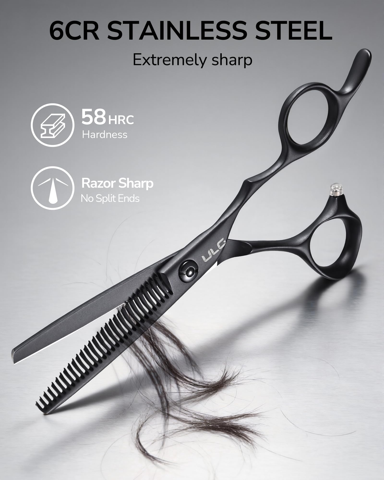 ULG professional hair thinning scissors close up on the matte black teflon coated blades