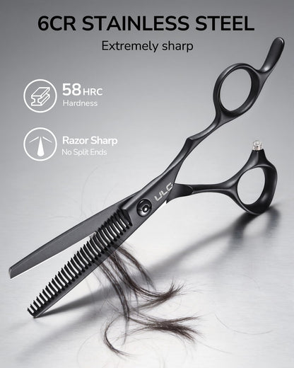 ULG professional hair thinning scissors close up on the matte black teflon coated blades