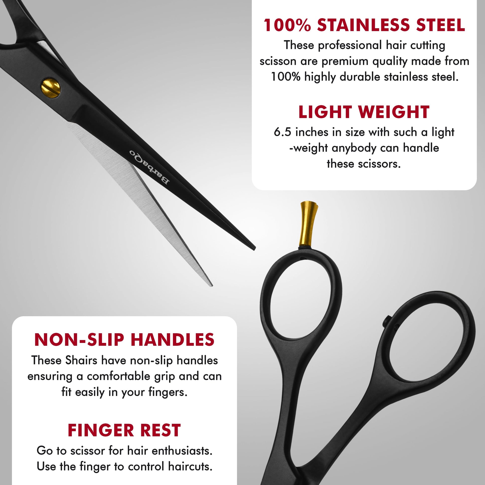 Side profile of the BarbaQo 6.5 inch hair cutting scissors showing its balanced and lightweight structure.