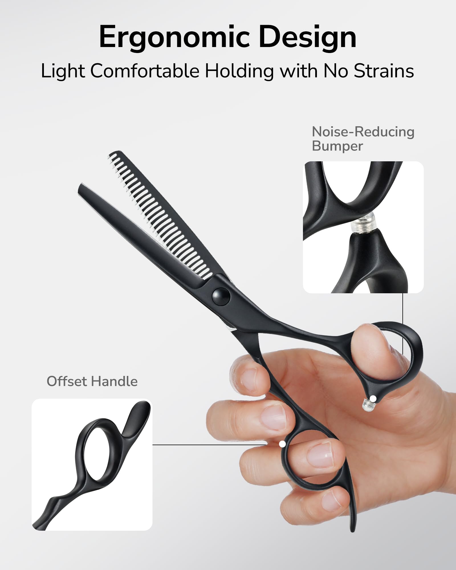 ULG matte black hair thinning scissors shown from a side angle showcasing the premium craftsmanship