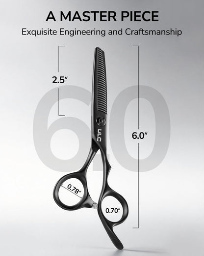 ULG salon grade texturizing shears detailing the 6CR stainless steel laser cold cutting blade construction