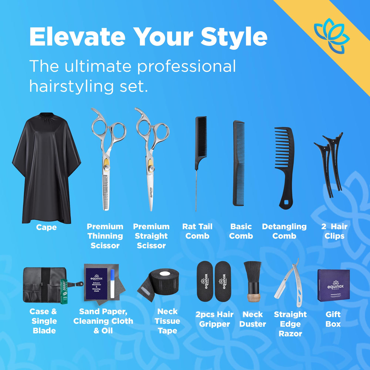 Full layout of the twenty piece style configuration including neck duster and salon cape components