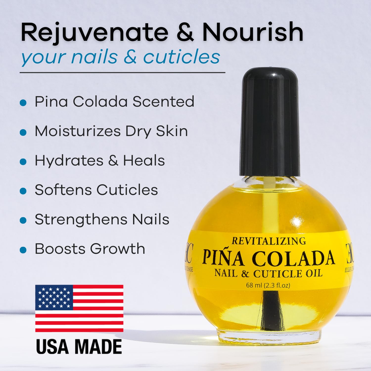 Ellie Chase nail oil bottle showing pina colada scent label