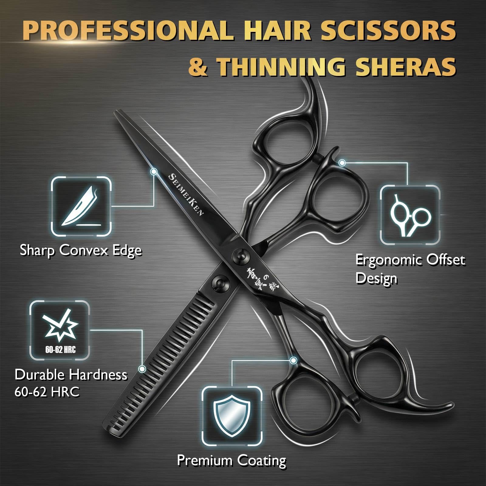 Ten piece professional hair cutting kit inside the premium black zippered leather storage case.