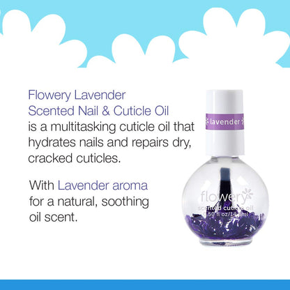 Flowery lavender cuticle oil bottle with dried lavender flowers