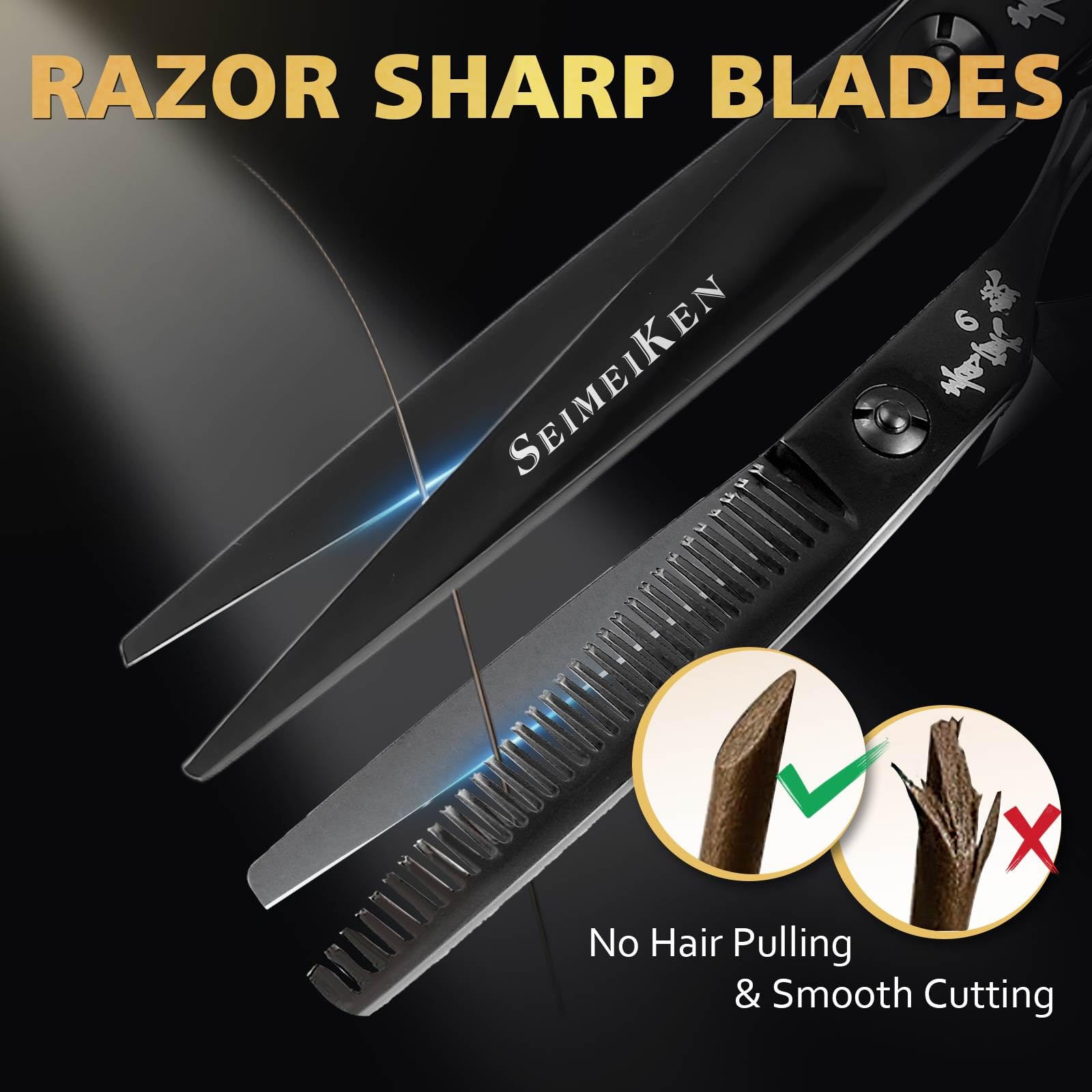 Close up view of the sharp Japanese stainless steel convex edges on the Smithking shears.