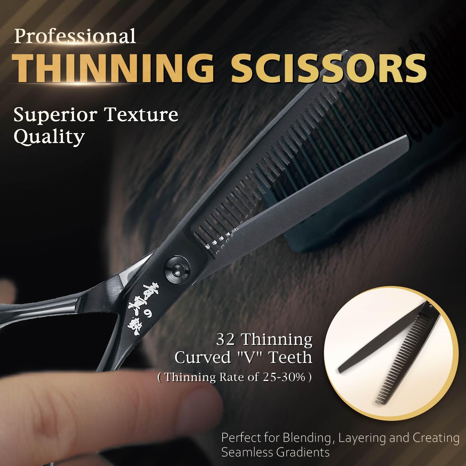 Ergonomic offset handle design and finger rest details of the professional barber scissors.