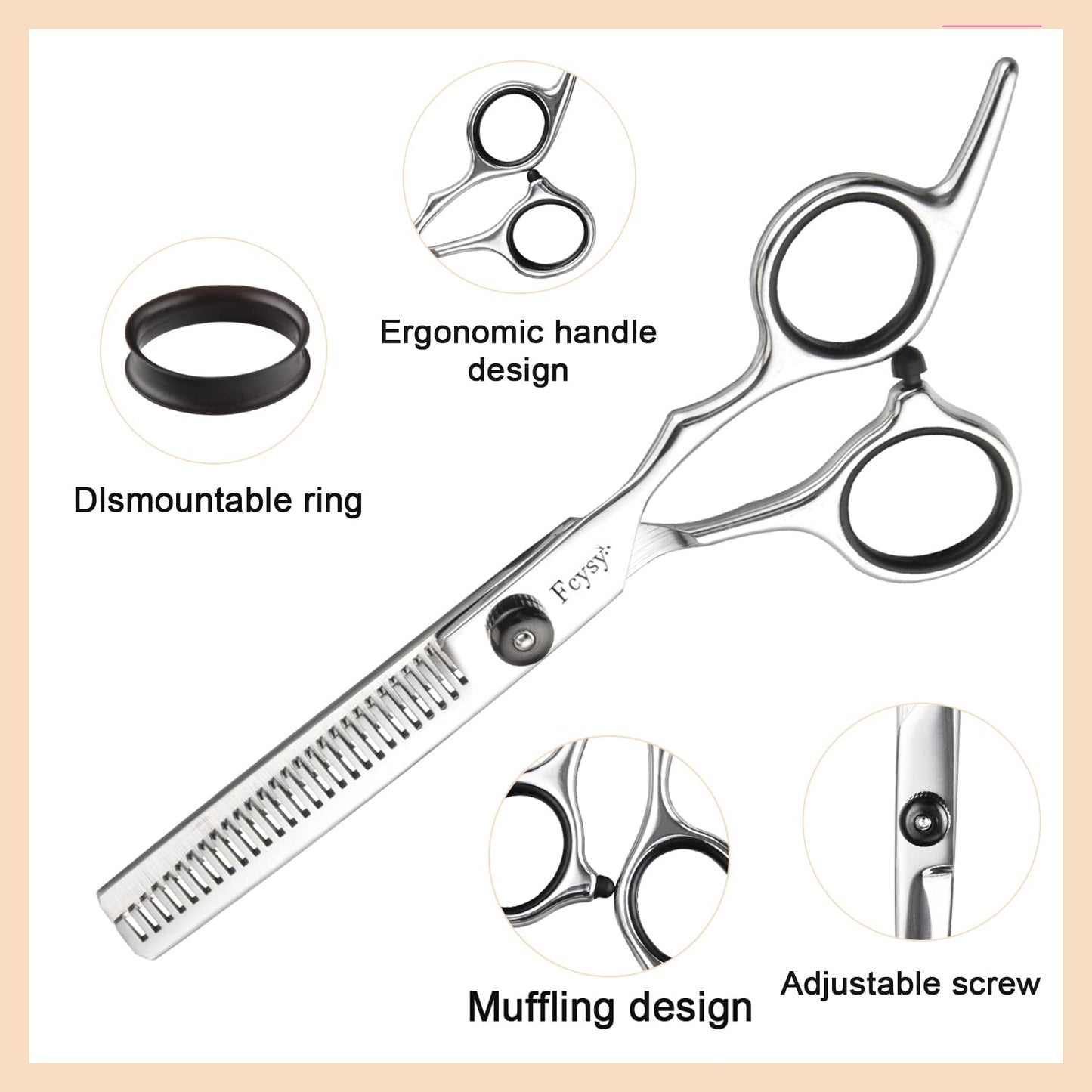Fcysy ergonomic offset handle hair blending shears being held by a stylist.