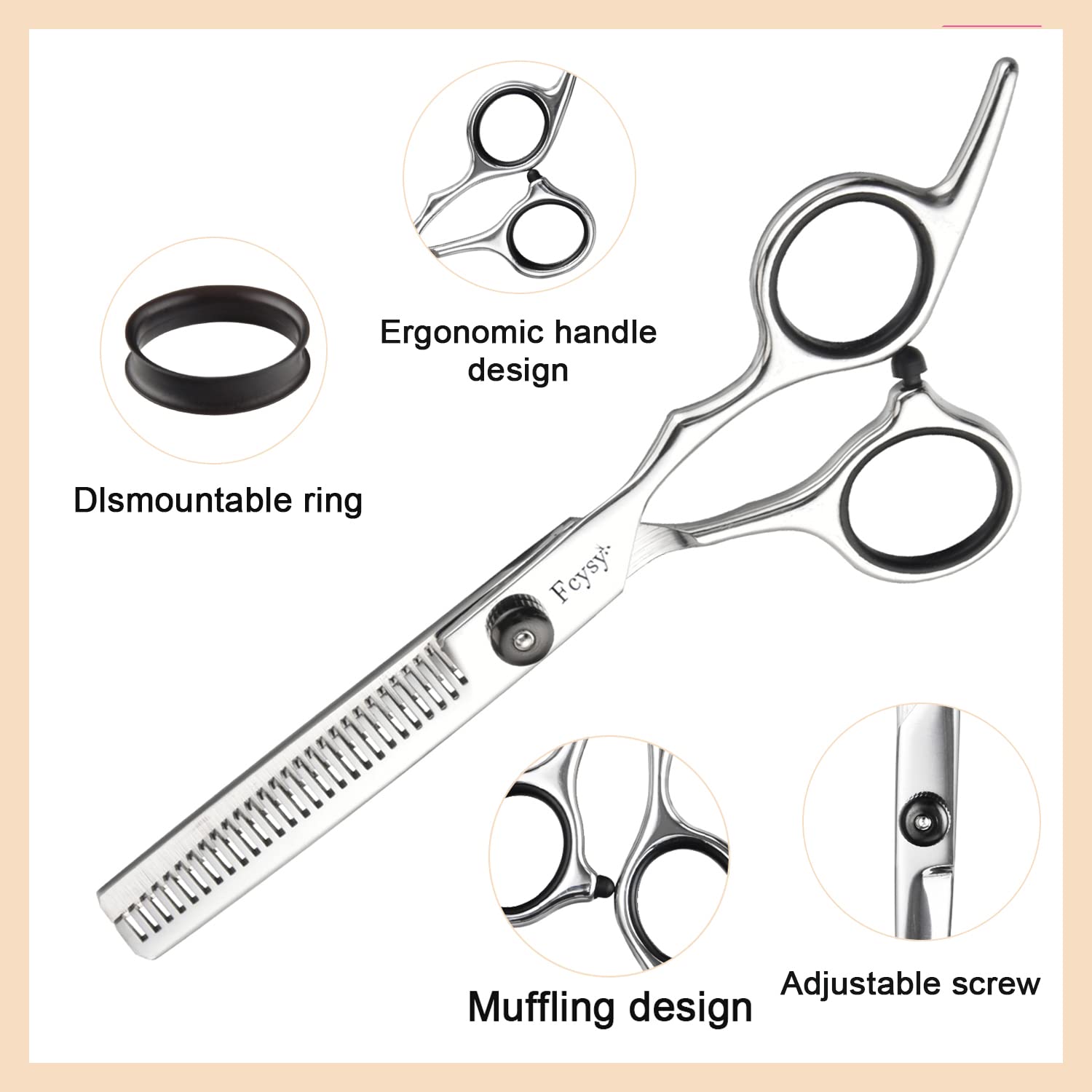 Fcysy ergonomic offset handle hair blending shears being held by a stylist.