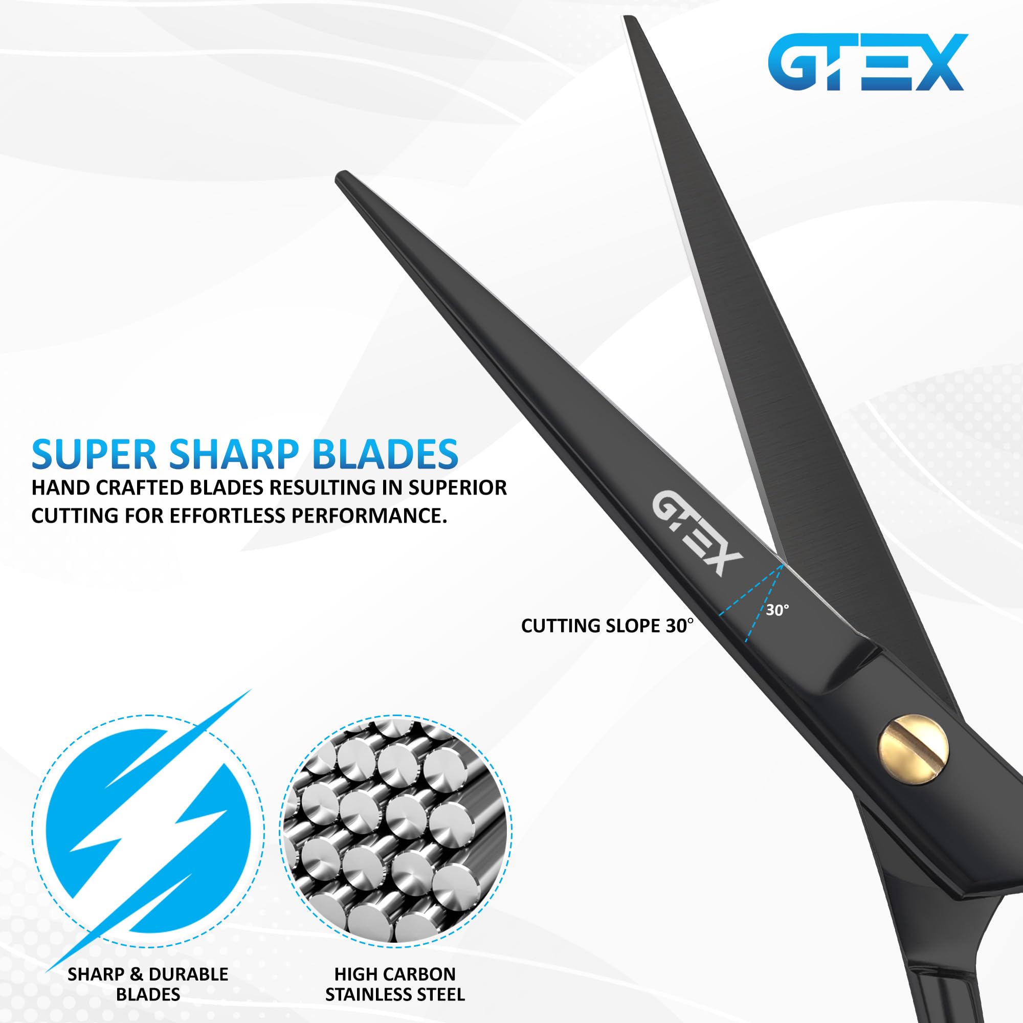 GTEX hairdressing shears set including the black barber scissors, styling comb, and faux leather storage bag.
