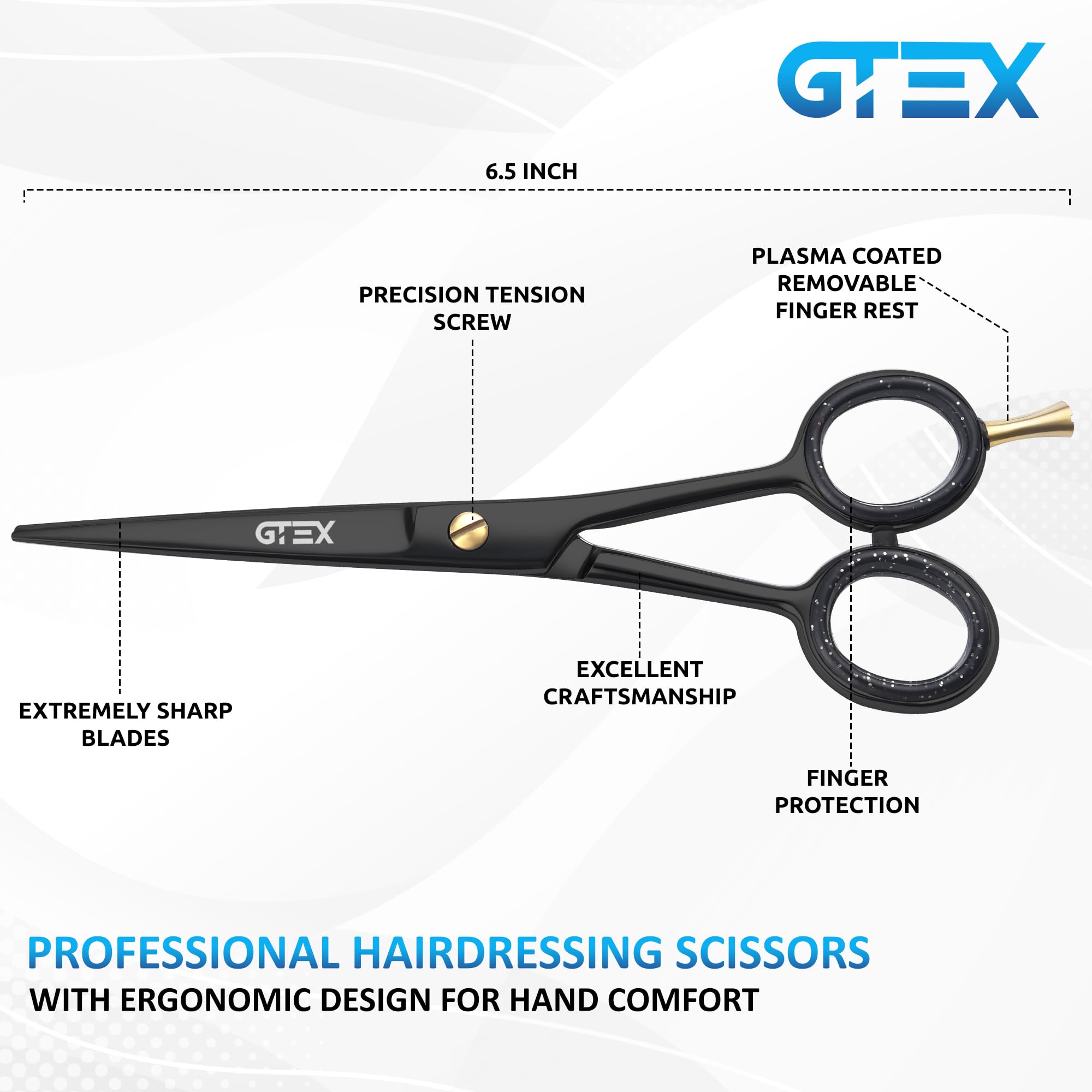 Close up view of the handmade ultra sharp blades on the GTEX professional haircut scissors.