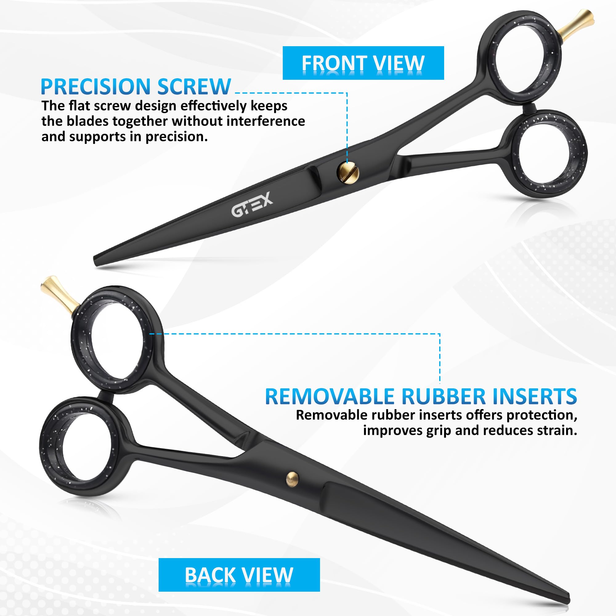GTEX high carbon stainless steel scissors placed safely inside the premium faux leather protective pouch.