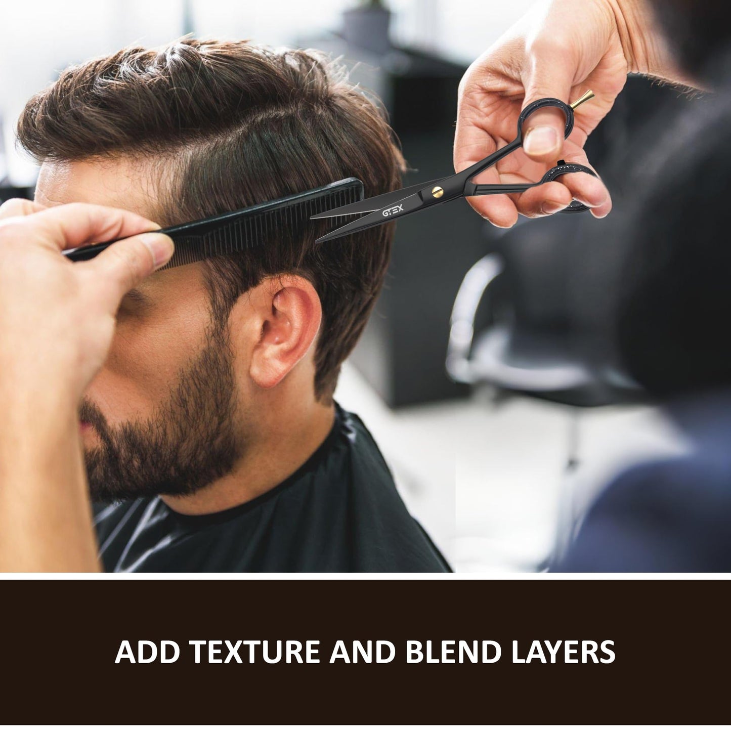 GTEX salon quality haircutting shears being held to demonstrate the comfortable and secure grip.