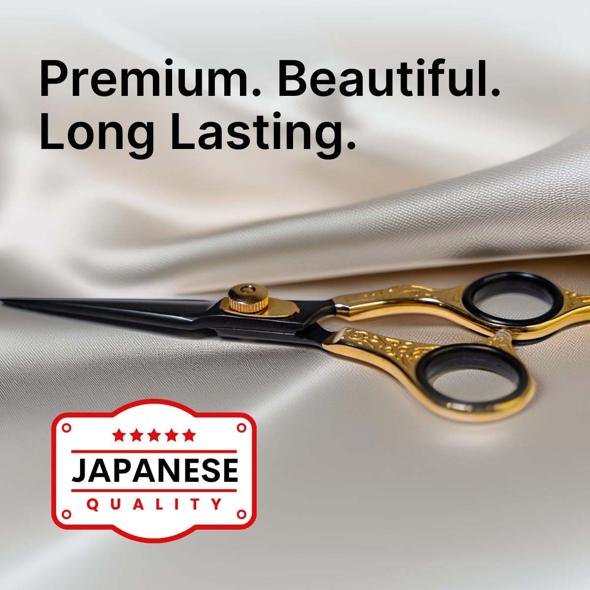 Premium Japanese stainless steel 6.5 inch hair shears displayed open next to the included black leatherette storage pouch.