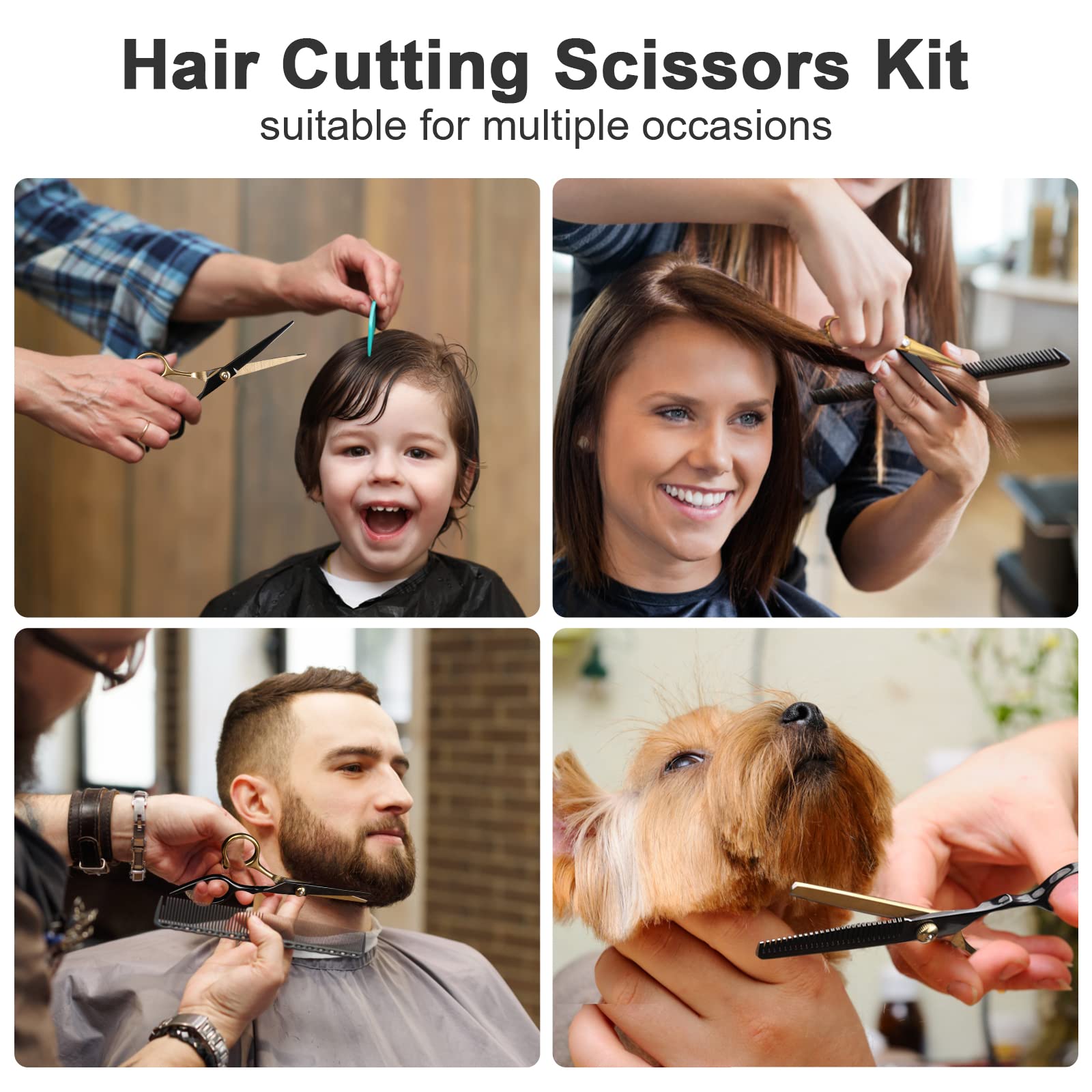 Multi use hair scissors kit including combs clips and cleaning cloth for professional grooming