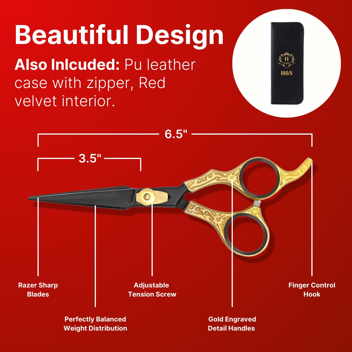 Side angle view of the 3.5 inch tempered matte black blades of the premium barber shears.