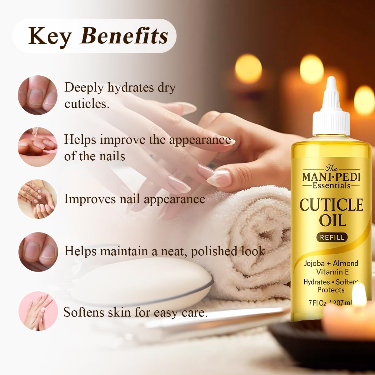 The Mani Pedi Essentials cuticle oil bottle showing ingredient label